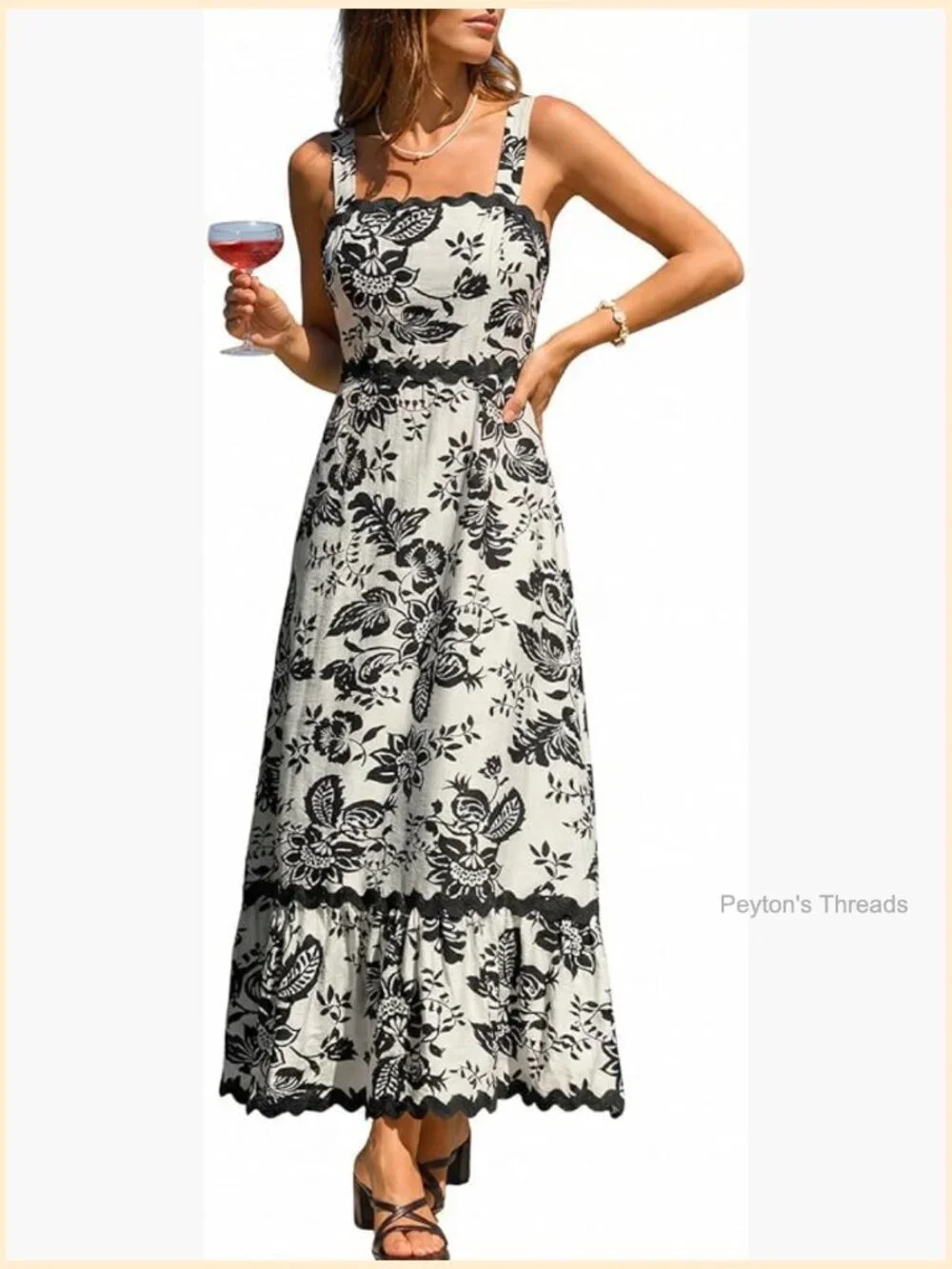 Sleeveless Scallop Trim Boho Floral Maxi Dress Flowy Summer Sundress - Picture 1 of 7